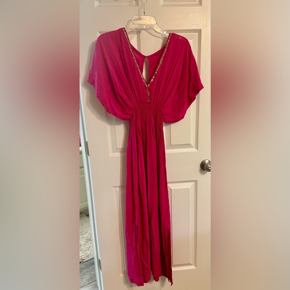 Handmade “OS fits most” pink cotton dress with gold sequin and beading.